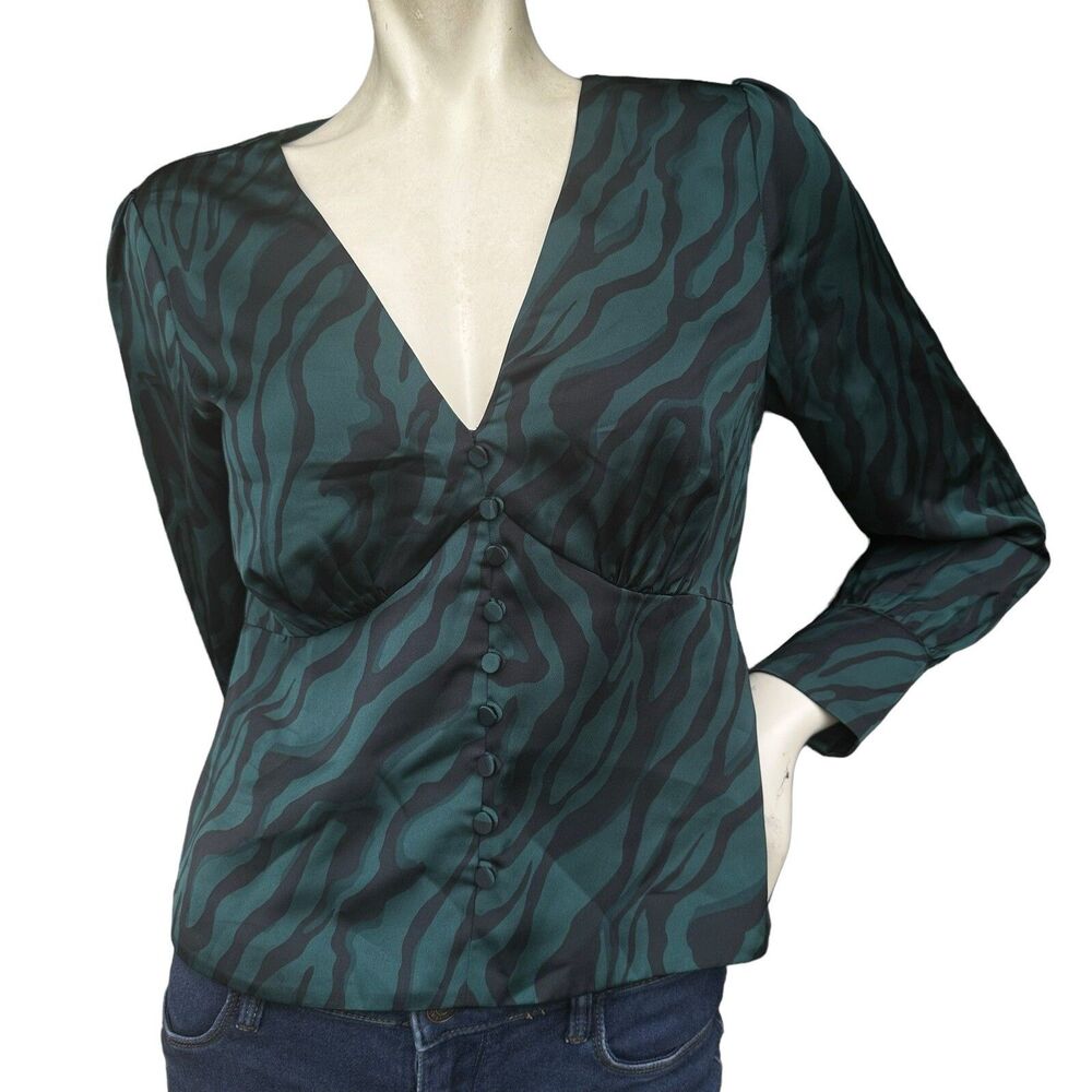 J Crew Green & Black Satin Zebra Print V Neck Long Sleeve Workwear Blouse Sz 2